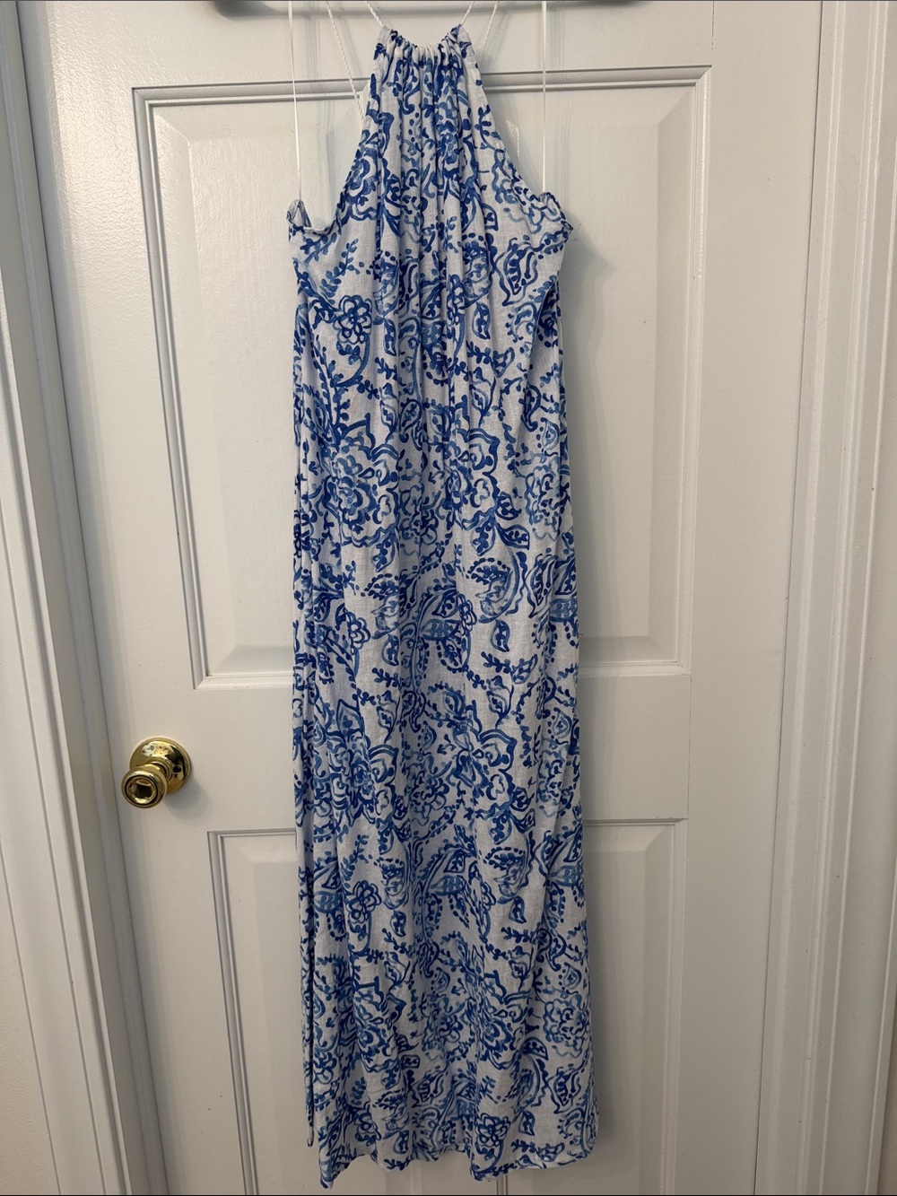 Caroline Constas White and Blue Halter Maxi Dress